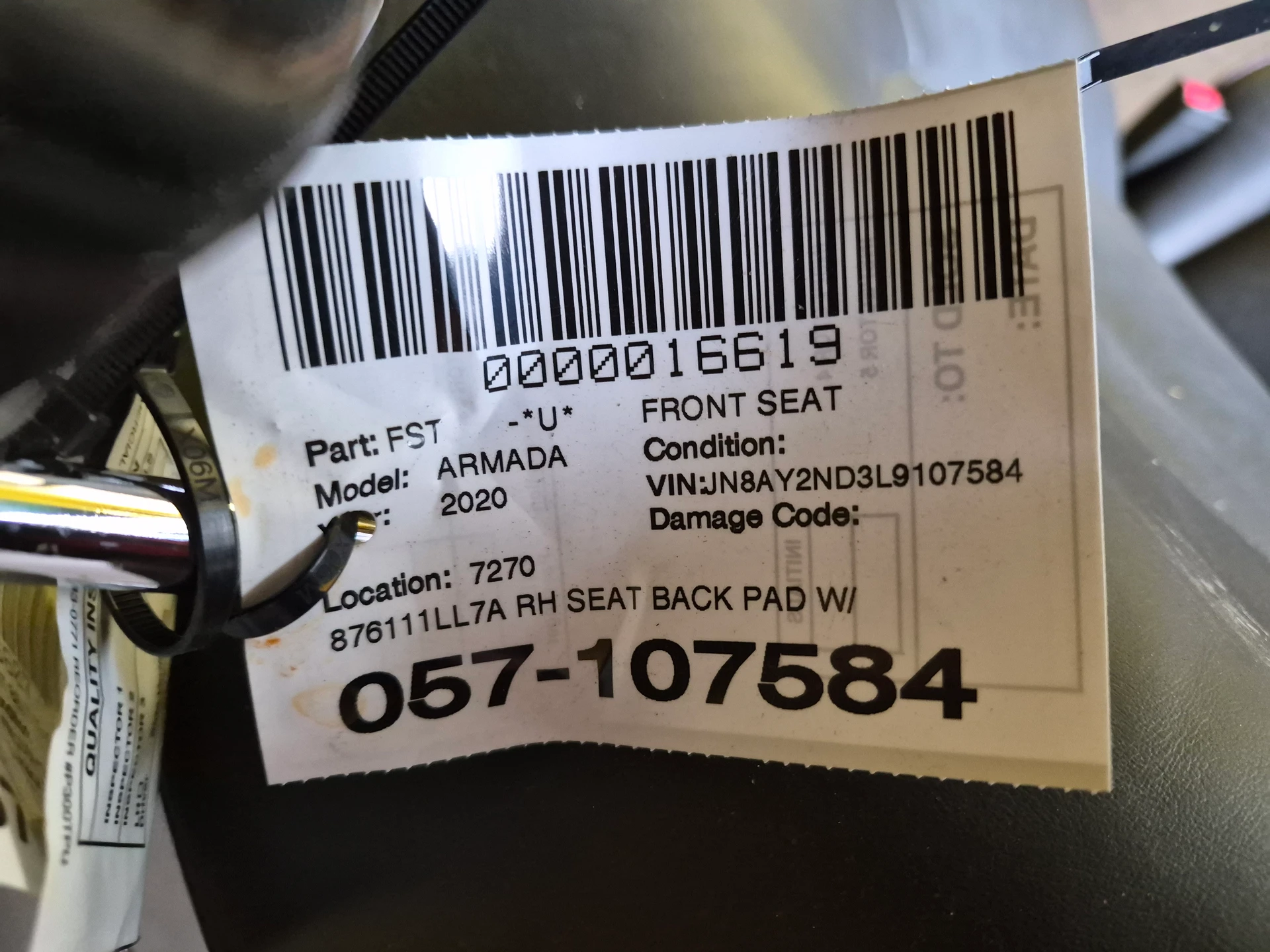 Rh Seat Back Pad w/o Climate Seats · 2